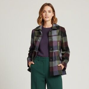 Volcom Y2K Plaid Pea Coat -‎ Black, Gray, and Burgundy